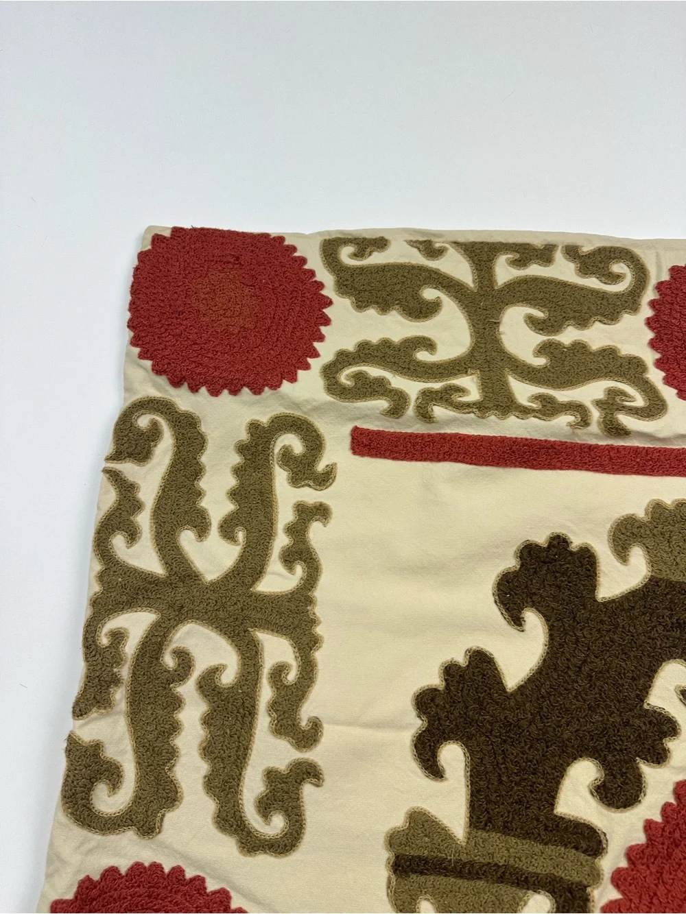 Pottery Barn Suzani Crewel Embroidered Pillow Cover Terracota Olive 26 x 26